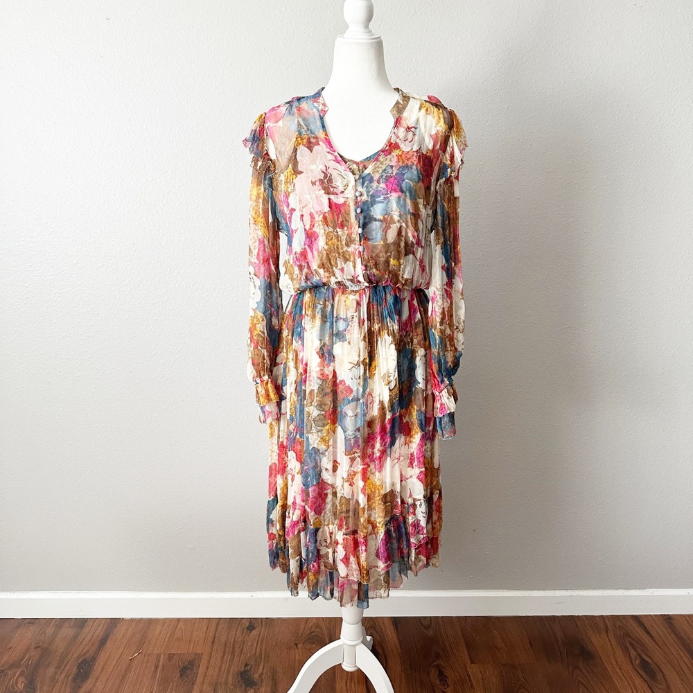 Sundance Bohemian Floral Cupro Blouson Long Sleeve Dress Women's Size Medium